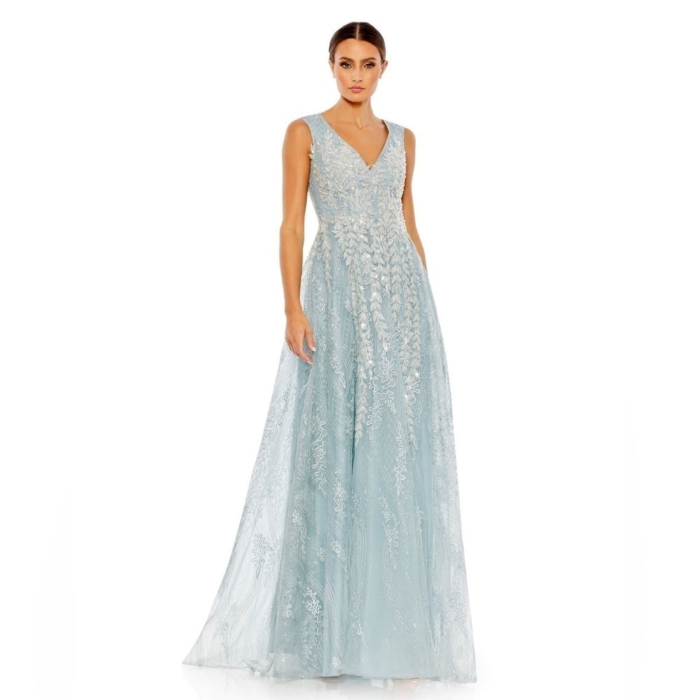 Mac Duggal Light Blue Beaded V-Neck Maxi Gown